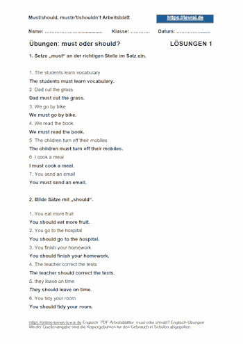 Arbeitsblatt 1 mit Lösungen für must und should.