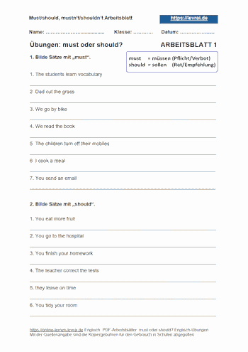 Arbeitsblatt 1 für „must/should“.