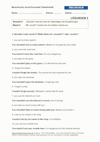 Lösungen zum Arbeitsblatt 2 für „mustn't und shouldn't“.