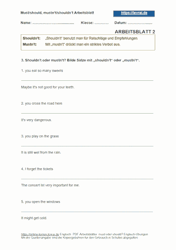 Arbeitsblatt 2 mit dem Thema: „mustn't/shouldn't“.