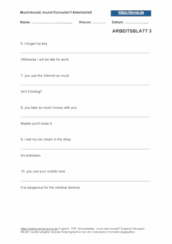 Arbeitsblatt 3 mit dem Thema: „mustn't/shouldn't“.