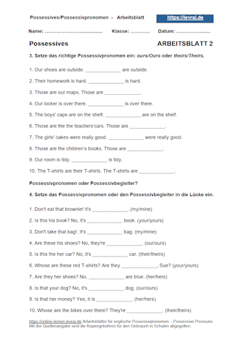 Arbeitsblatt 2 mit dem Thema: „englische Possessivpronomen (possissive pronouns) und Possessivbegleiter (possessive determiners)“.