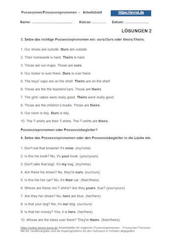 Lösungen zum Arbeitsblatt 2 für englische Possessivpronomen (possissive pronouns) und Possessivbegleiter (possessive determiners).