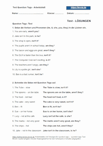 Lösungen für den Englisch-Test über Question Tags.