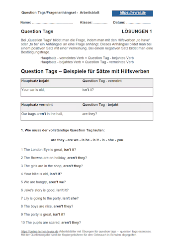 Lösungen für das Englisch-Arbeitsblatt 1 - Question Tags.