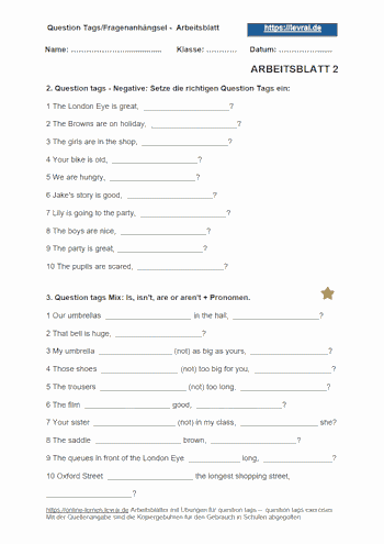 Englisch-Arbeitsblatt 2 mit Übungen für Question Tags.