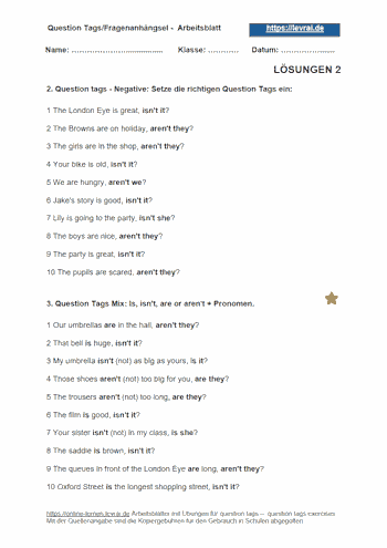 Lösungen für das Englisch-Arbeitsblatt 2 - Question Tags.