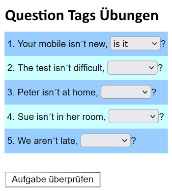 Übungen für englische Question Tags.