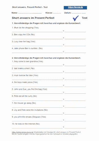 Test mit Übungen für short answers im Present Perfect.