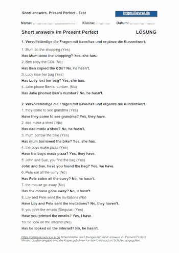 Llösungen für den Test mit Übungen: short answers im Present Perfect.