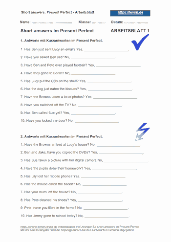 Englisch-Arbeitsblatt 1 mit Übungen für short answers.