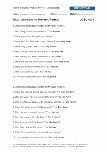 Lösungen für das Englisch-Arbeitsblatt 1 - short answers.