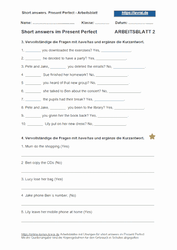 Englisch-Arbeitsblatt 2 mit Übungen für short answers.