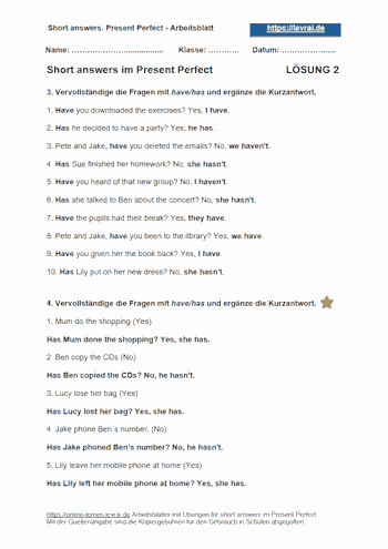 Lösungen für das Englisch-Arbeitsblatt 2 - short answers.