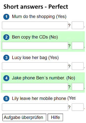 Online-Übungen für short answers - Present Perfect.