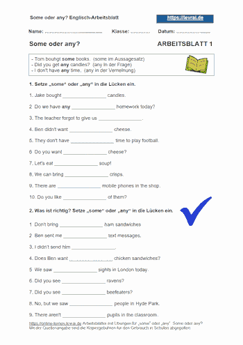 Englisch-Arbeitsblatt 1 mit Übungen für some und any.