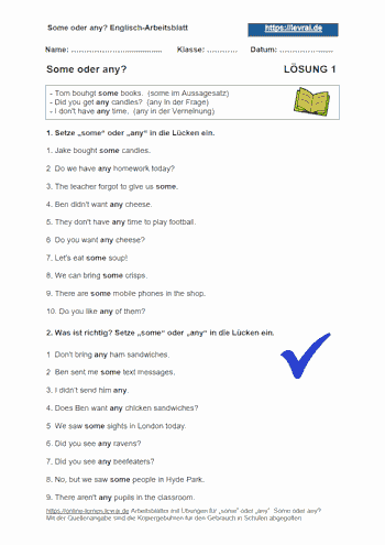 Lösungen für das Englisch-Arbeitsblatt 1 - some und any.