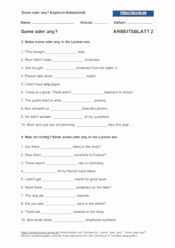 Englisch-Arbeitsblatt 2 mit Übungen für some und any.