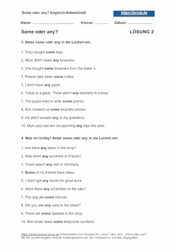 Lösungen für das Englisch-Arbeitsblatt 2 - some und any.