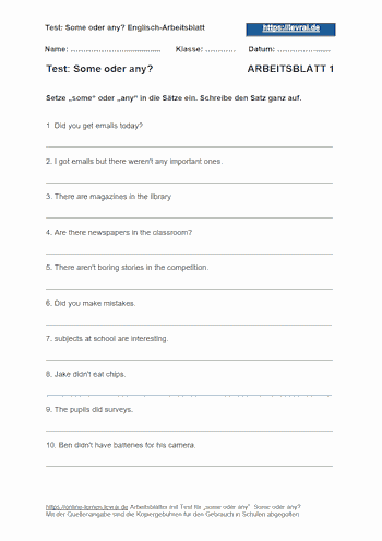 Englisch-Test 1 mit Übungen für some und any.