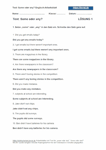 Lösungen für den Englisch-Test: Some oder any?