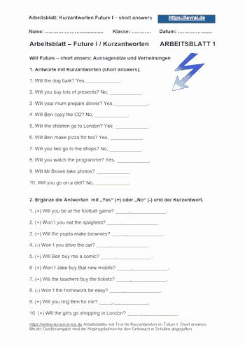 Englisch-Arbeitsblätter mit Übungen für das Future I, short answers.