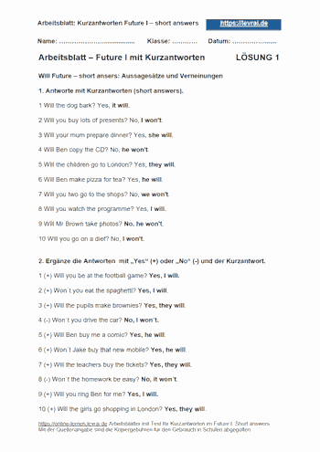 Englisch-Arbeitsblatt mit Lösungen für das Future I, short answers.