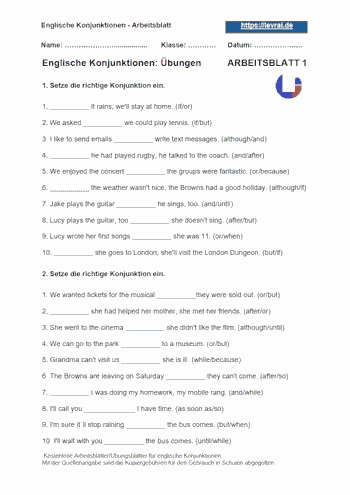 Arbeitsblatt 1 für englische Konjunktionen (conjunctions).
