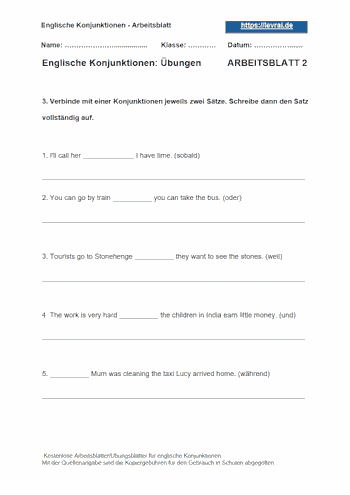 Arbeitsblatt 2 für englische Konjunktionen (conjunctions).