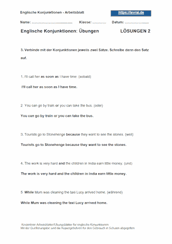 Arbeitsblatt 2 und Übungsblatt mit Lösungen für englische Konjunktionen (conjunctions).