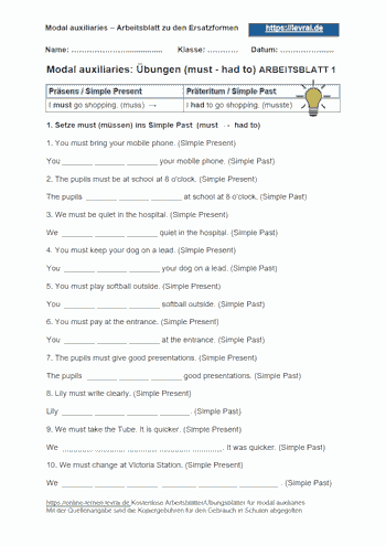 Arbeitsblatt 1 für Modalverben (modal auxiliaries).