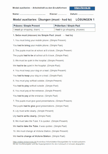 Arbeitsblatt und Übungsblatt 1 mit Lösungen für Modalverben (modal auxiliaries).