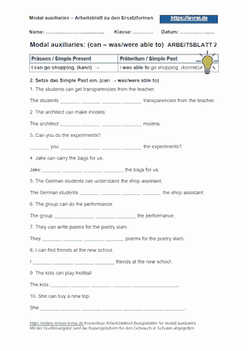 Arbeitsblatt 2 für Modalverben (modal auxiliaries).