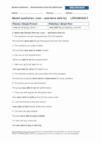 Arbeitsblatt 2 und Übungsblatt mit Lösungen für Modalverben (modal auxiliaries).