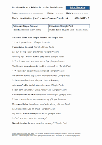 Arbeitsblatt 3 und Übungsblatt mit Lösungen für can't, wasn't/weren't able to.