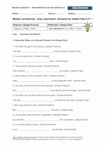 Arbeitsblatt 1 für Modalverben (modal auxiliaries): may, was/were allowed to.