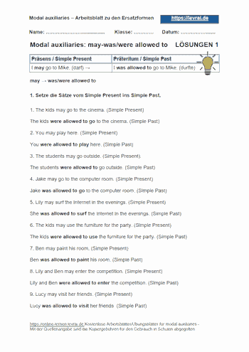 Arbeitsblatt und Übungsblatt 1 mit Lösungen für Modalverben (modal auxiliaries): may, was/were allowed to.