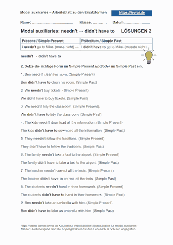 Arbeitsblatt 2 und Übungsblatt mit Lösungen für Modalverben (modal auxiliaries) needn't → didn't have to.