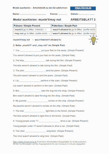 Arbeitsblatt 3 für Modalverben (modal auxiliaries).