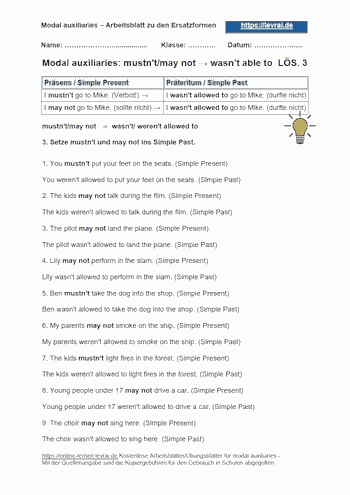 Arbeitsblatt 3 und Übungsblatt mit Lösungen für mustn't / may not → was/were not allowed to.