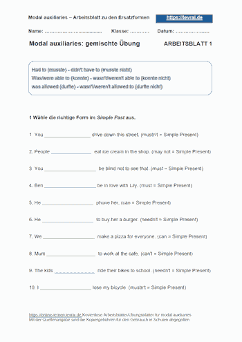 Arbeitsblatt 1 für Modalverben (modal auxiliaries): may, was/were allowed to.