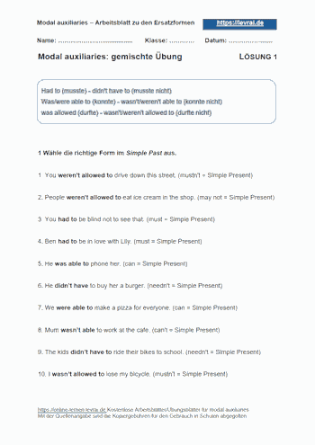 Arbeitsblatt und Übungsblatt 1 mit Lösungen für Modalverben (modal auxiliaries): may, was/were allowed to.