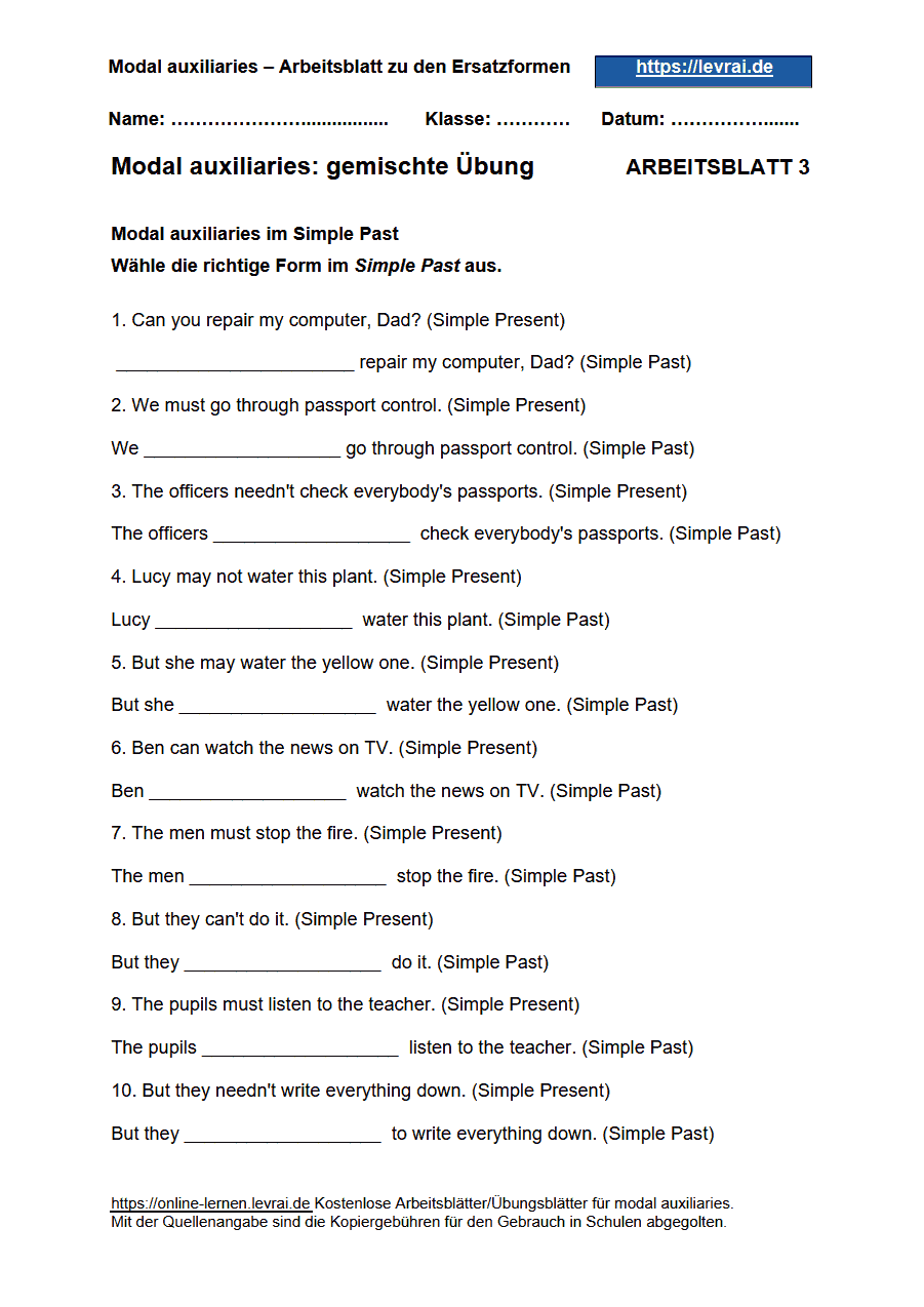 Arbeitsblatt 3 für Modalverben (modal auxiliaries).