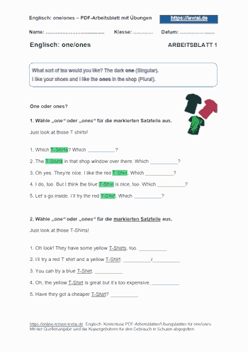 Arbeitsblatt 1 für one/ones.