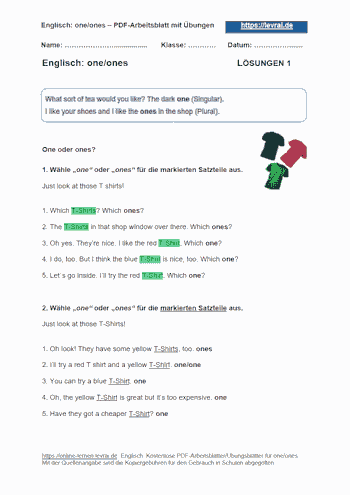 Arbeitsblatt und Übungsblatt mit Lösungen für one/ones.