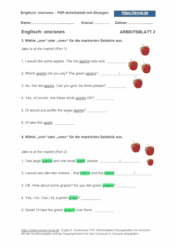 Arbeitsblatt 2 für one/ones.