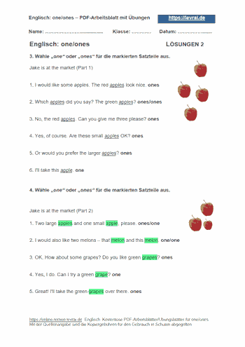 Arbeitsblatt 2 mit Lösungen für one/ones.