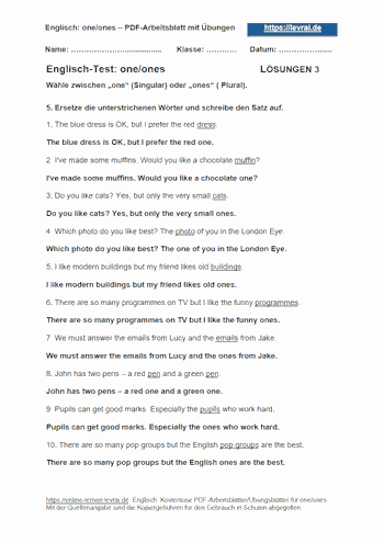 Arbeitsblatt und Übungsblatt 3 mit Lösungen für one/ones.
