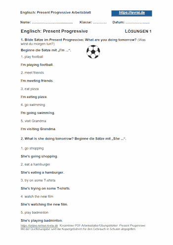 Arbeitsblatt und Übungsblatt mit Lösungen für das Present Progressive.