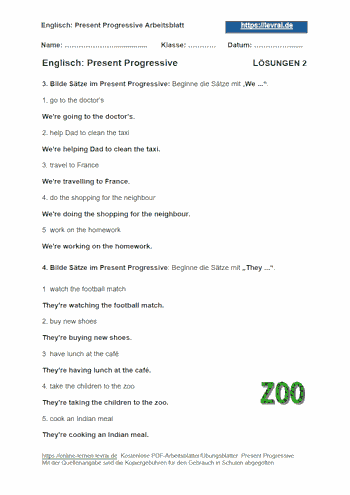 Arbeitsblatt 2 mit Lösungen das Present Progressive.